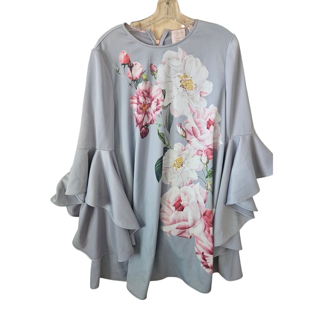 Ted Baker London Sayda Iguazu Shift Pink Gray Graphic Floral Size 4 Bell Sleeve
